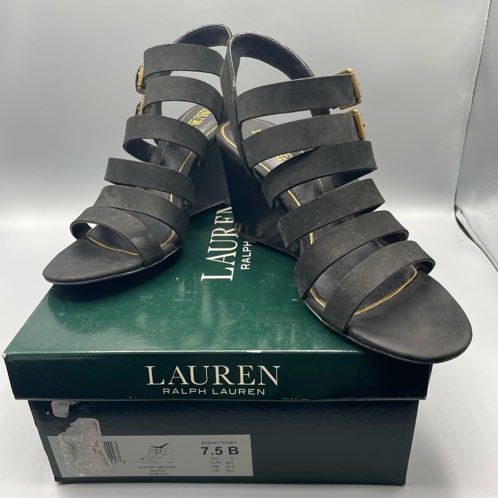 Ralph Lauren Black Suede Aleigh 2 Buckle Wedge Heel Sandals, Size 7.5B
